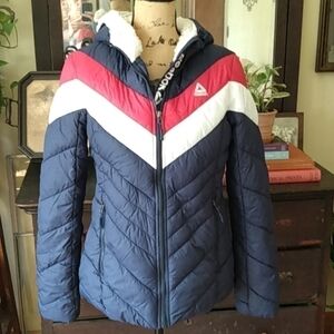 Reebok Sherpa Fur Hood Quilted Puffer Jacket - Chevron Red White & Navy Blue
